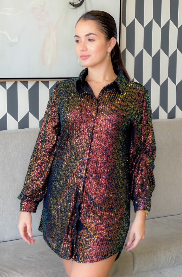 sequin button up shirt dress Sparkle Bright Sequin Shirt Dress