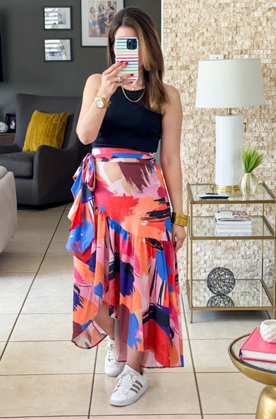 Wrap Around Fall Print Midi Skirt